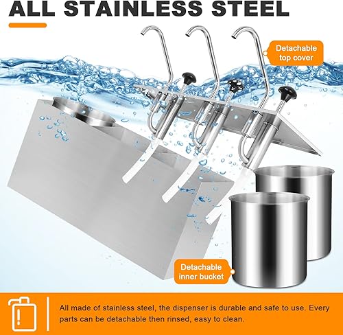 Miniatura 2 de Dispensador de bomba de condimentos de acero inoxidable de 11 cuartos de galón, estación de bomba de condimentos con 3 cubos de 3.7 cuartos de