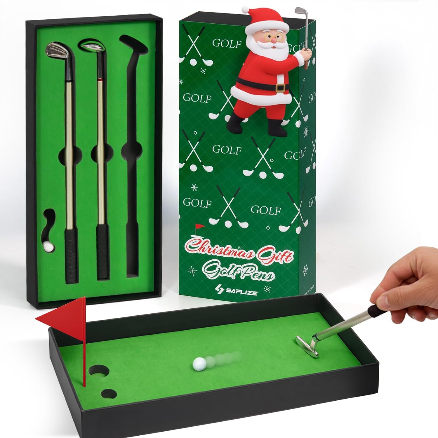 SAPLIZE Golf Pen Gift Set, Mini Desktop Putting Green Box, 3 Ink Colors Ballpoint Pens, Funny Office Desk Toy for White Elephant, Stocking Stuffers, Gifts for Men & Golfers