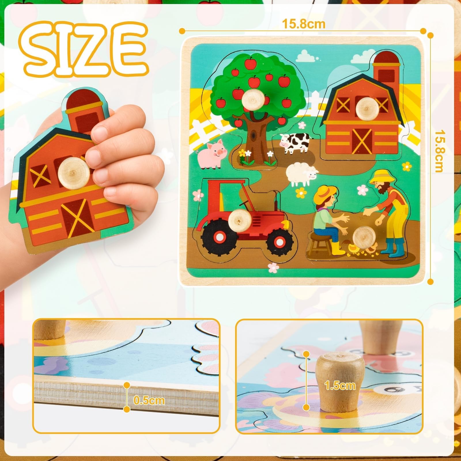 Puzzle Madera 1 2 Año, 4Pcs Puzzles Infantiles de Madera con Mango, Juguetes Montessori Bebe Puzzles Animal Frutas Educativos Rompecabezas Juguetes Regalo Navidad para Niños de 2 3 Años