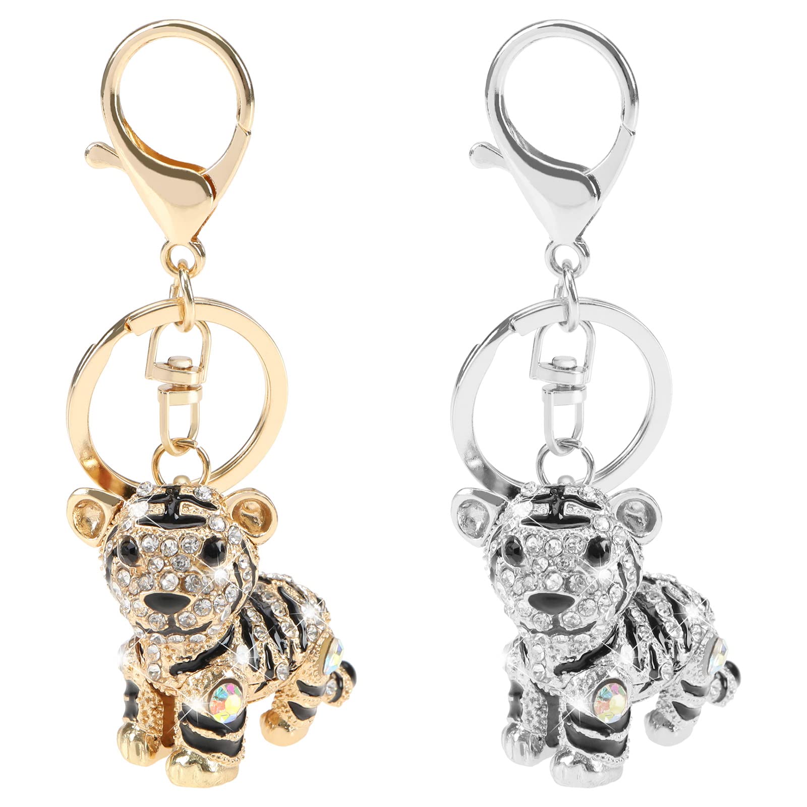 VGOL 2PCS 3D Tiger Keychain Shiny Rhinestones Key Ring Charm Small Animal Key Fob Backpack Ornament Decorative Accessories Surprise Present for Women Men