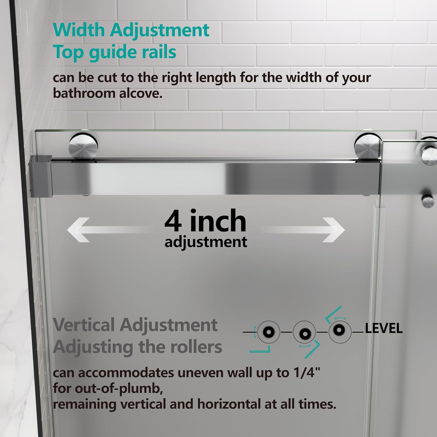 Frosted Shower Doors 56-60" W x 76" Double Sliding 3/8"(10mm) Frameless Tempered Glass with Towel Bar Handle Stainless Steel Hardware (Brushed Nickel)