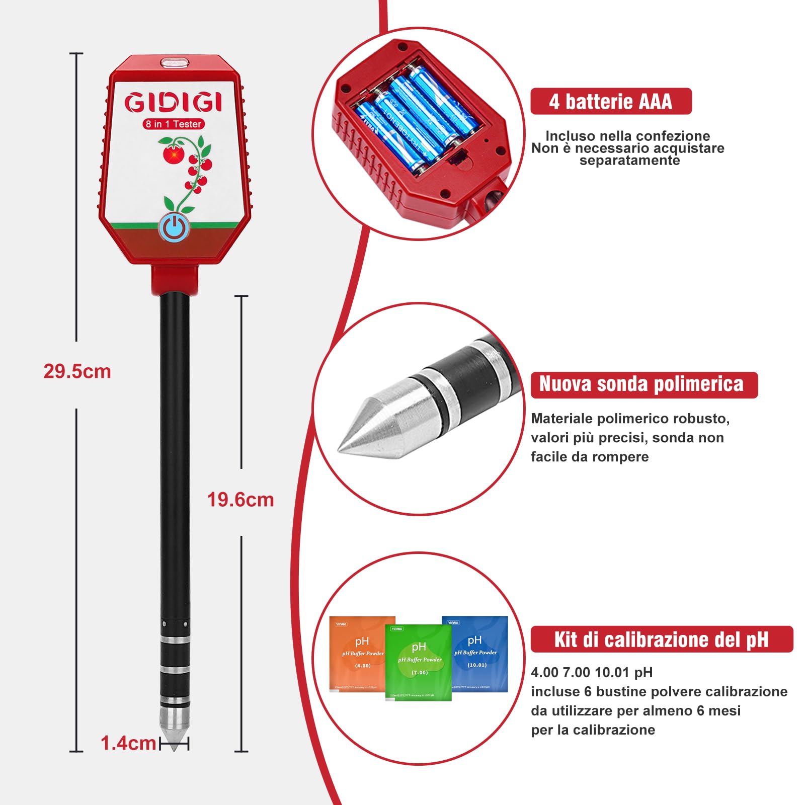 Tester pH umidità per terreno,kit digitale 8 in 1 per il test del terra, monitoraggio pH suolo,intensità della luce solare,fertilità,EC, salinità,temp e umidità per giardino,prato,agricoltura,cortile