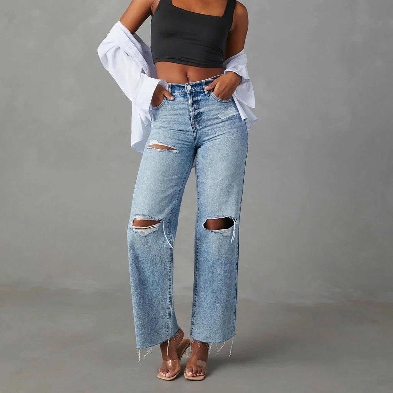 Jeans Donna Strappati alla Caviglia con Dritta Alta-Blu-l