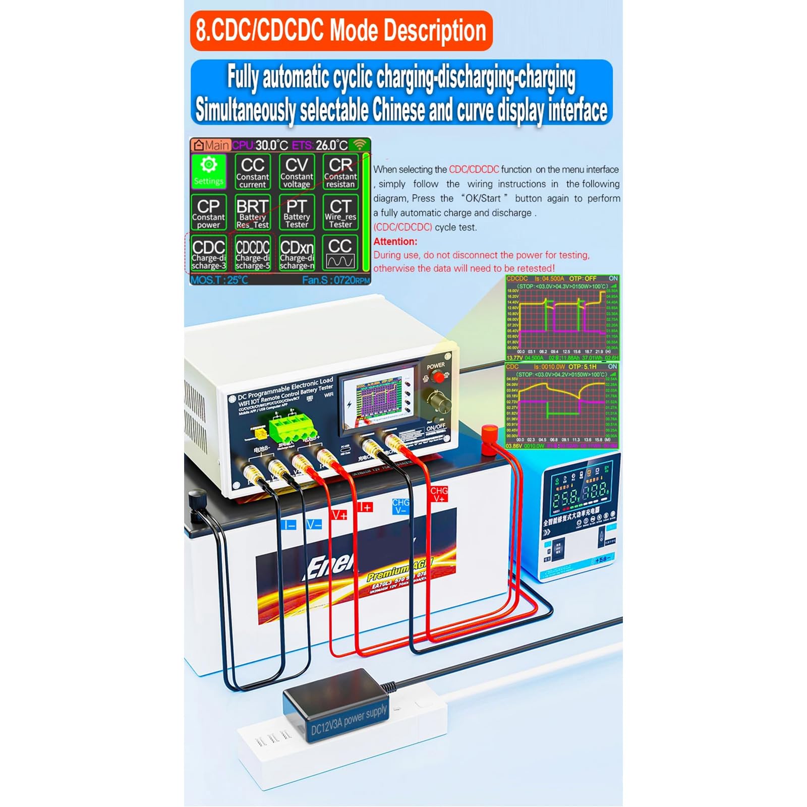 Monitor de capacidad de batería con pantalla para baterías de litio y ácido de hasta 200 V Probador de carga electrónico programable WiFi para pruebas de capacidad de batería