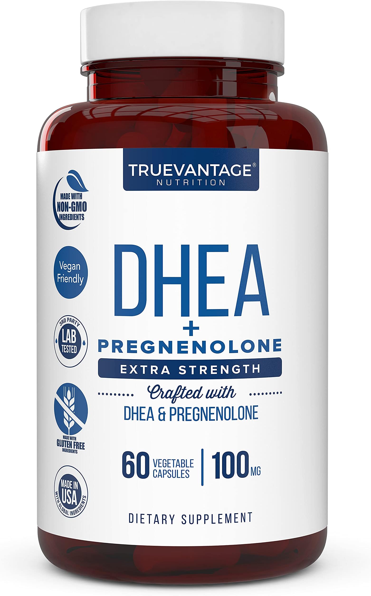 Truevantage Nutrition DHEA 100mg Supplement with Pregnenolone 60mg -Supports Hormone Balance, Lean Muscle Mass, Energy, Mood, Sleep, and Healthy Aging in Men and Women- Vegetable Capsules