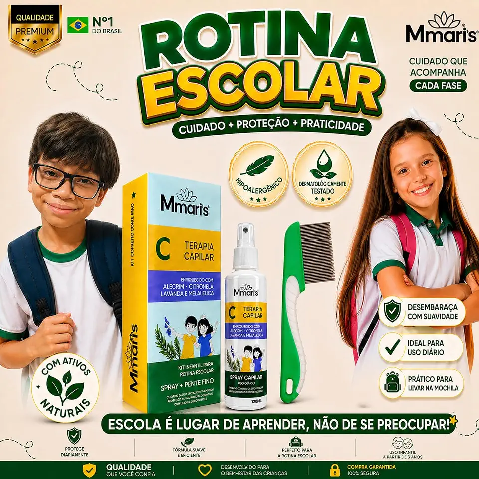 Terapia Capilar M Mari's Spray Creme de Pentear Solta Lêndea Removedor Piolho + Pente Fino de Ferro Aço Inox Dermatologicamente Testado e Hipoalergênico