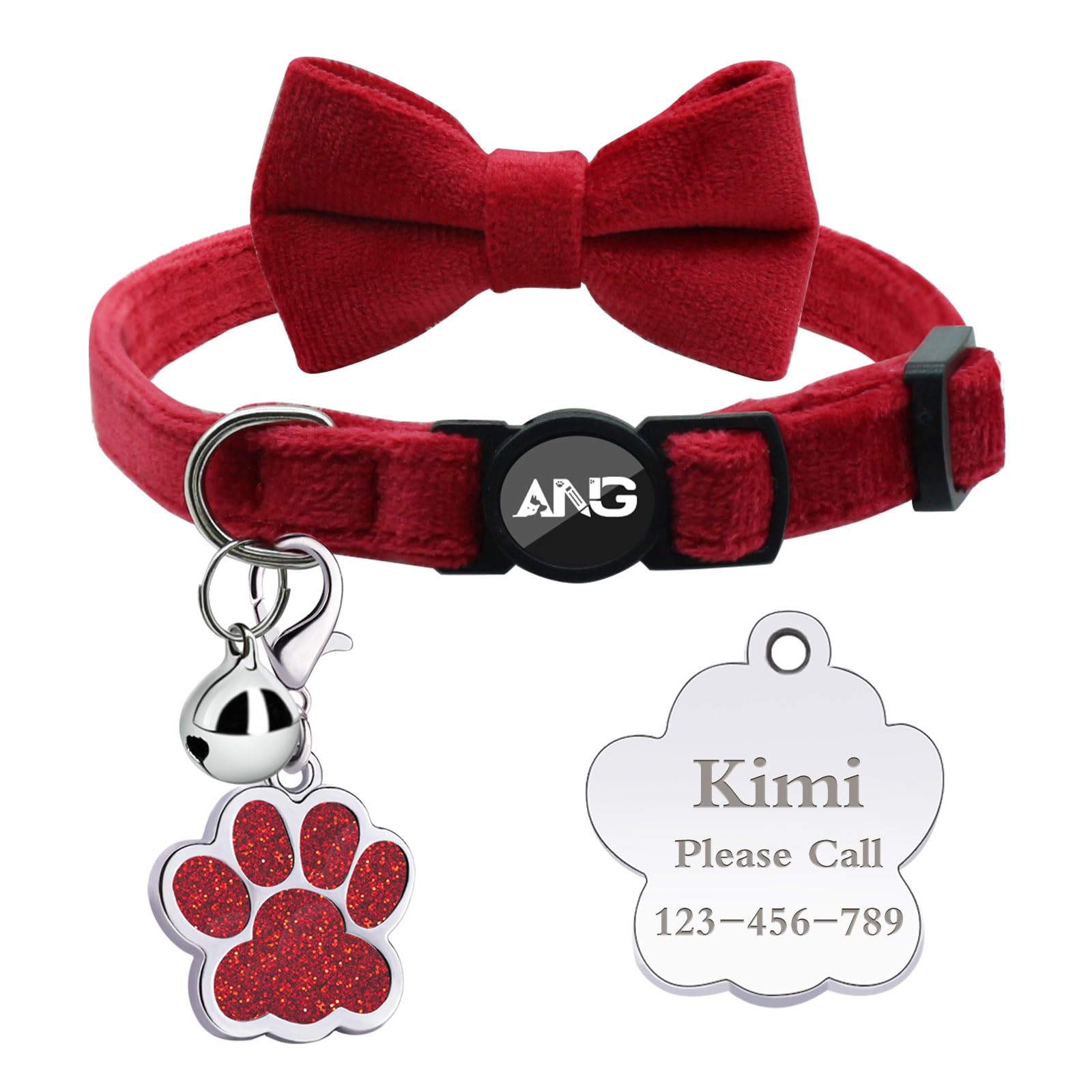 Personalised Breakaway Cat Collars - ID Tag, Bell, Bowtie - Safety Quick-Release, Customised for Female & Male Cats-Velvet Pattern-Red