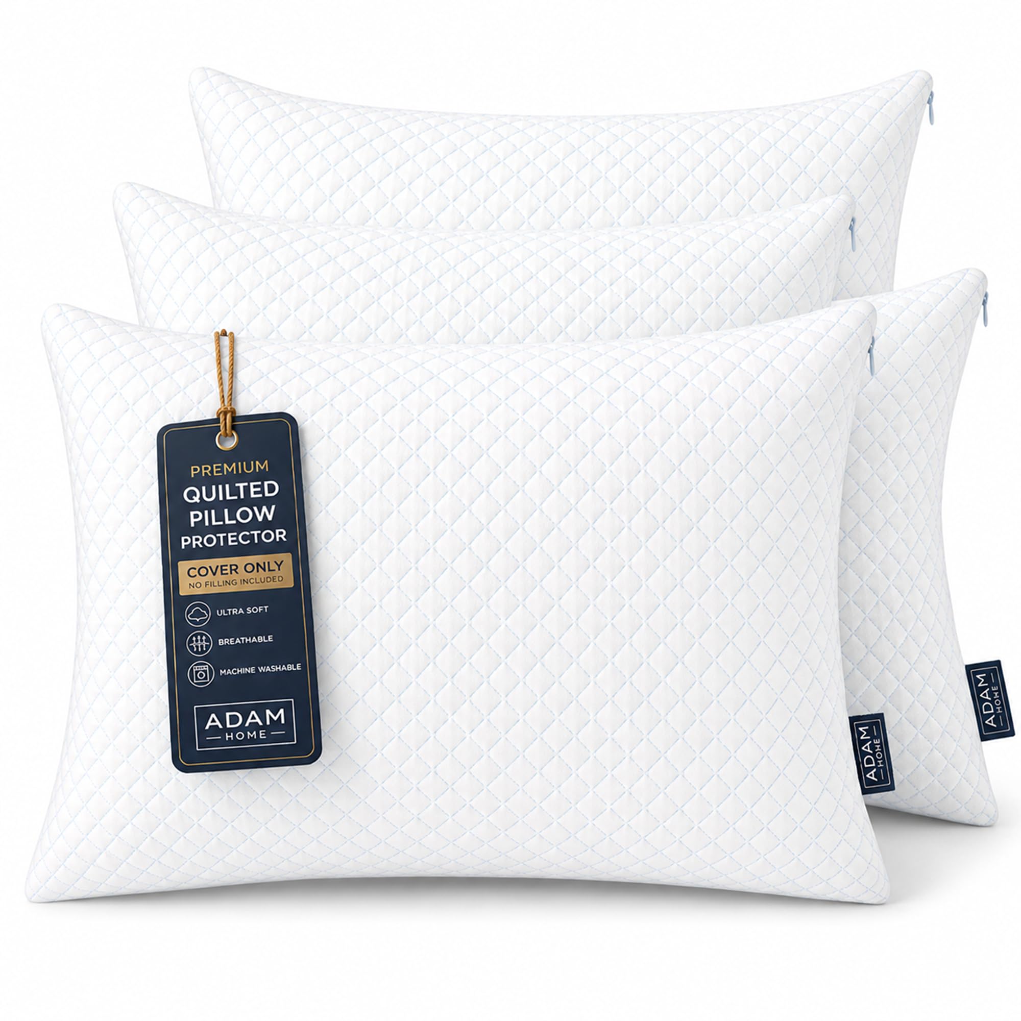 Adam Home Cooling Pillow Protectors (Pack of 4) โ Quilted Zipped Pillowcase Covers, Feather Proof & Anti-Allergy, Soft Breathable Bedding Protectors, UK Standard Size