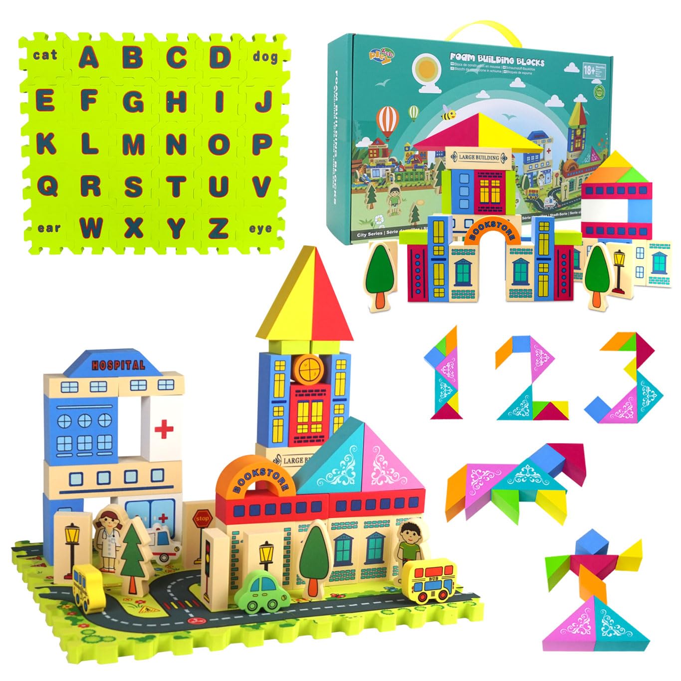 Pleykele City Street View Foam Building Blocks Set for 2-4 Years Old, Town Construction Soft Stacking Blocks with Alphabet Letters Puzzle Playmat, Educational Learning Gifts for Kids 18+ Months