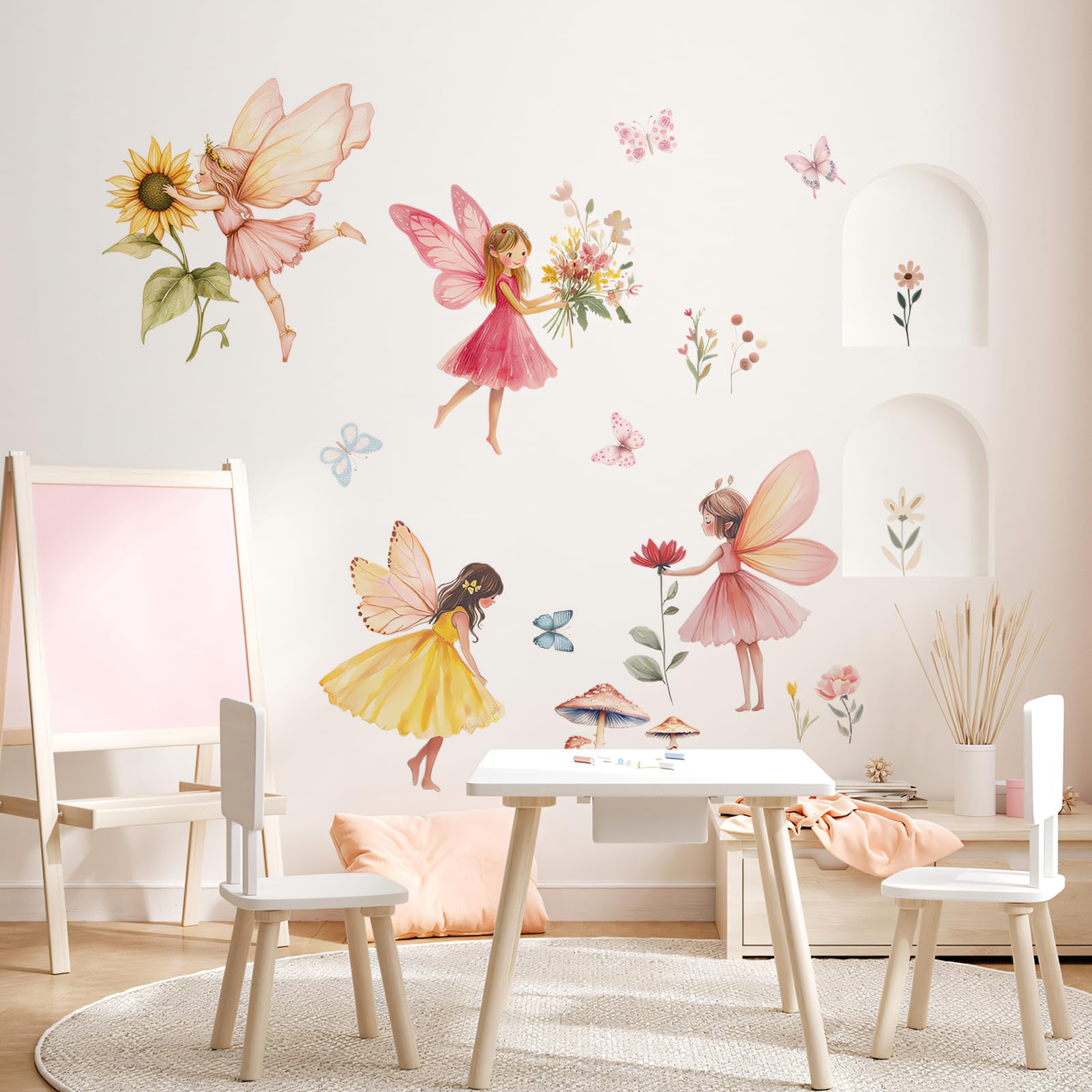 Cyberwork Wandtattoo Kinderzimmer Mädchen Feen Blumen Schmetterling Wandsticker Set, 4 Bögen PVC Wandaufkleber, Wasserdicht & Selbstklebend, Elfen Wanddeko für Babyzimmer & Schlafzimmer 30×19 cm