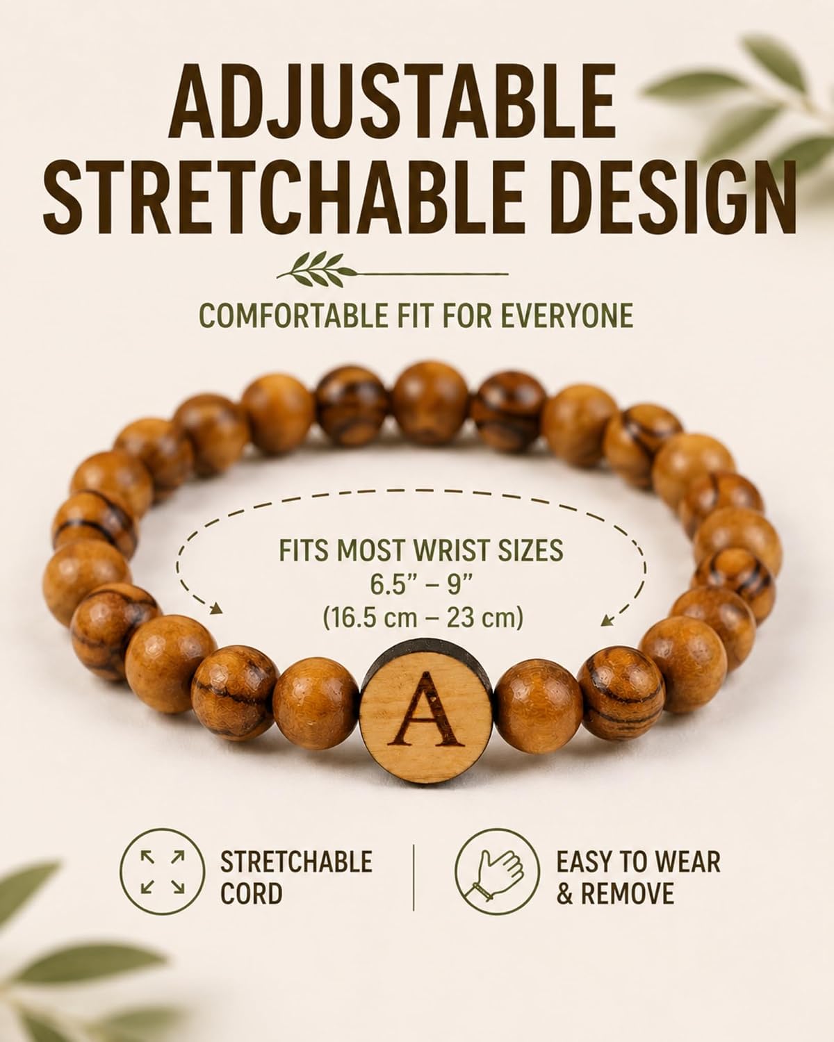SANAD Personalized Bracelet with Letter A – Handmade Olive Wood Initial Bracelet – Adjustable Unisex Jewelry Gift from the Holy Land – Custom Engraved Charm image 4