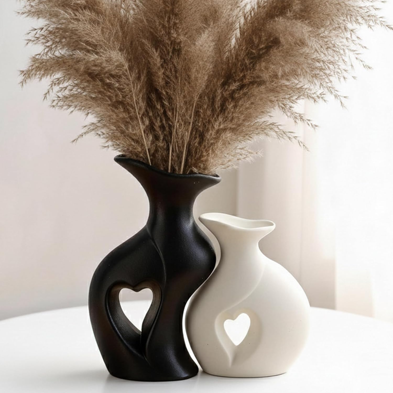 Ceramic Vase Hollowed Heart Flower Vase Set for Modern Nordic Boho Home Decor, Aesthetic Decor for Table Centerpiece, Wedding, Living Room, Bookshelf, Office, Entryway, (Matte)