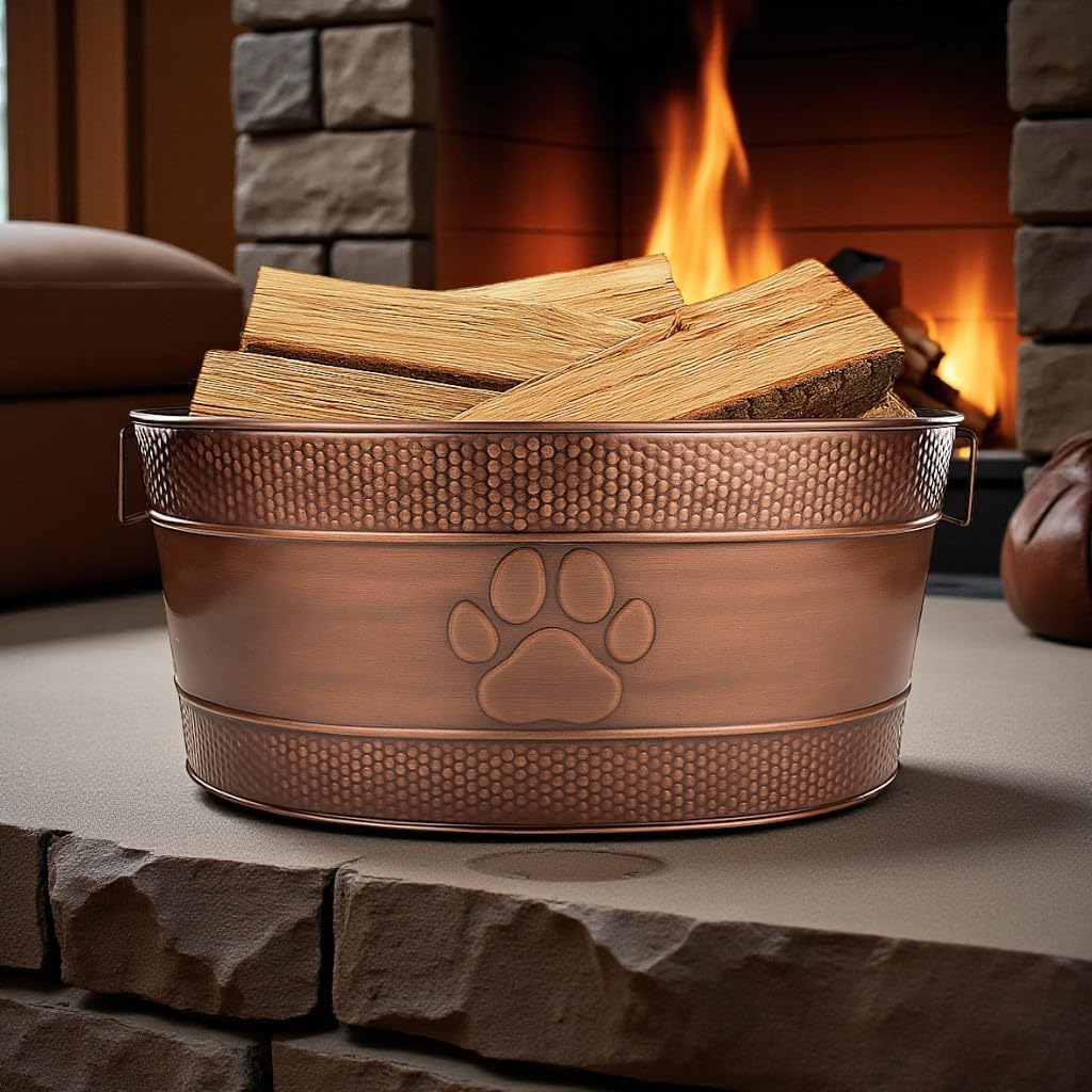 BREKX 25-Quart Tub for Firewood Storage Rack Log Holder - Heavy-Duty Portable Galvanized Tub with Handles for Indoor/Outdoor (Bronze Paw)