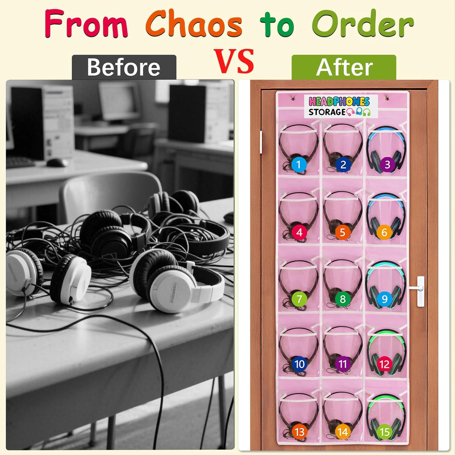 2 Pack Classroom Headphone Storage Organizer with 30 Pockets, PVC Clear Classroom Pocket Chart for Headphone Cell Phone Over-the-Door Hanging Headphone Holder Bag with 62 Labels(Pink)