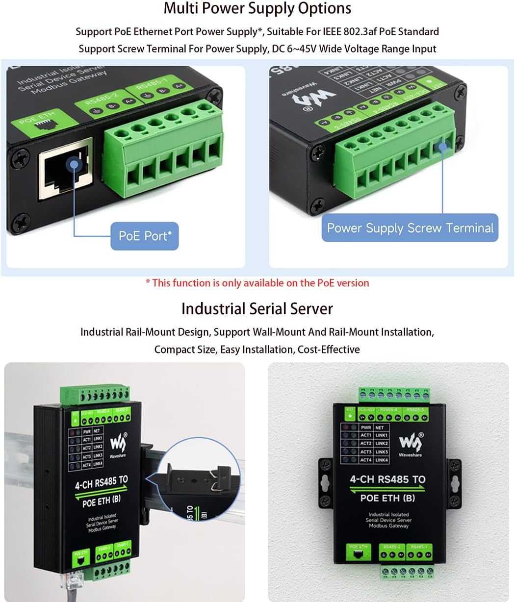 4-Ch RS485 to RJ45 Ethernet with POE Serial Server Adapter Industrial Isolated Serial Module, 4-CH Independent RS485, Support Modbus Gateway/MQTT/JSON, Bi-Directional Transparent Transmission