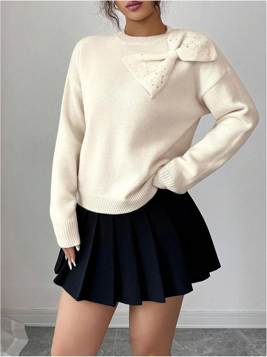 SOLY HUX Women's Sequin Bow Sweater Long Sleeve Tops Elegant Loose Pullovers Aesthetic Clothes - Image 2