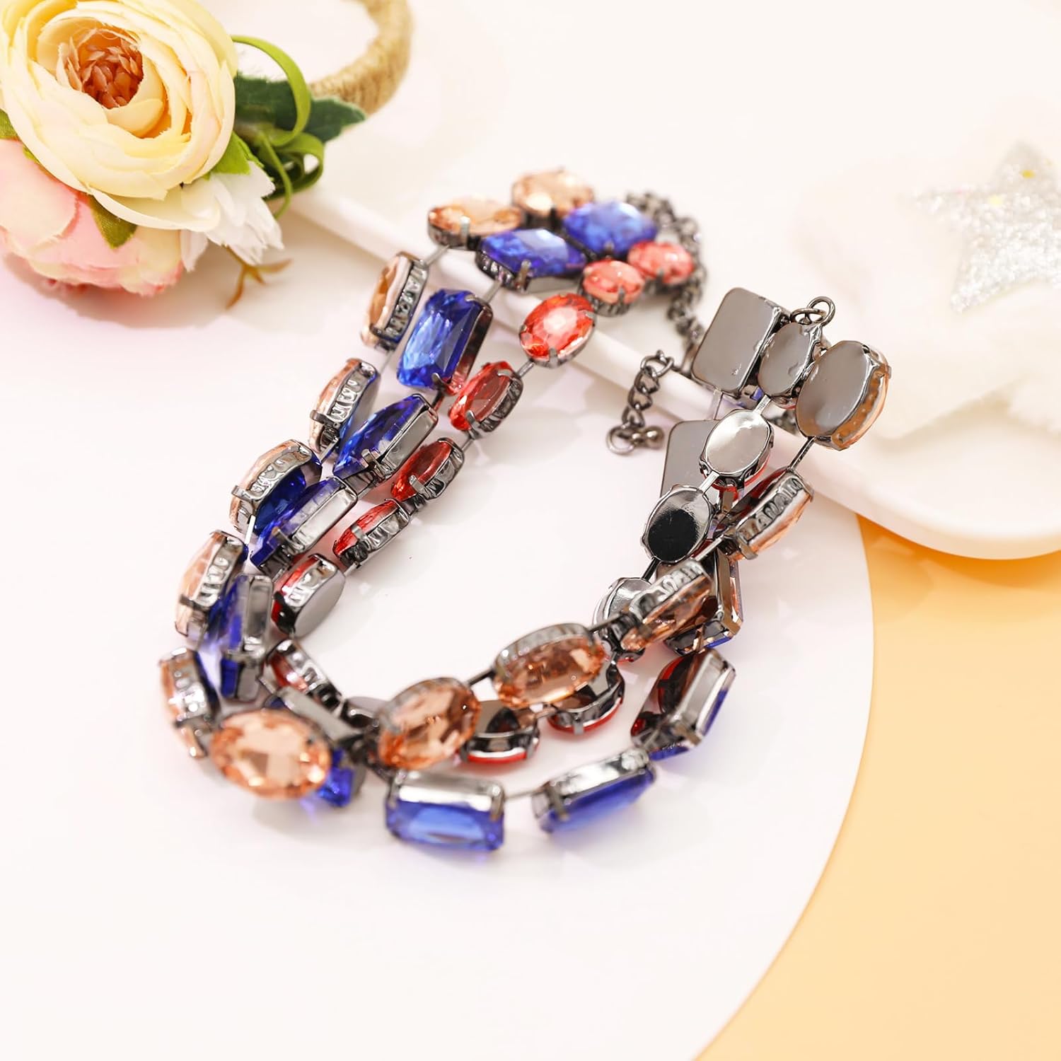 JNF Chunky Colorful Crystal Rhinestone Choker Collar Necklace for Women Twisted 3 Strand Statement Necklace Trendy Sparkly Gold Neck Chain Wedding Bridal Jewelry - Image 3