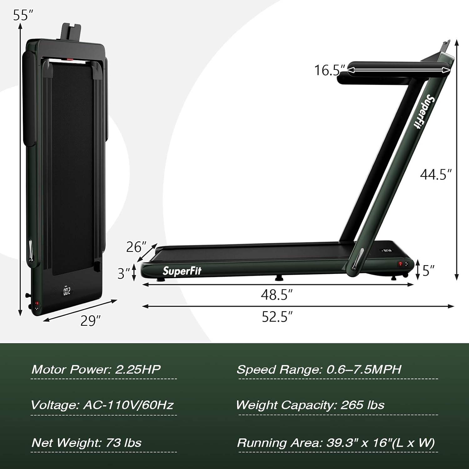 Dimensions of the Goplus Superfit 2-in-1 Folding Treadmill in folded and unfolded states