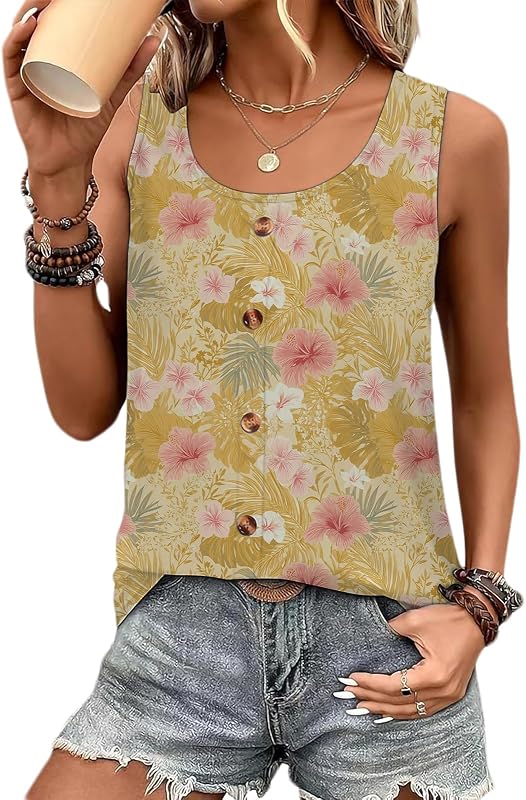 Womens Square Neck Tank Tops Sleeveless Henley Loose Fit Floral Blouses Casual Summer Tops Trendy Lightweight Breathable Shirts for Women Daily Office Wear,Floral-15,S