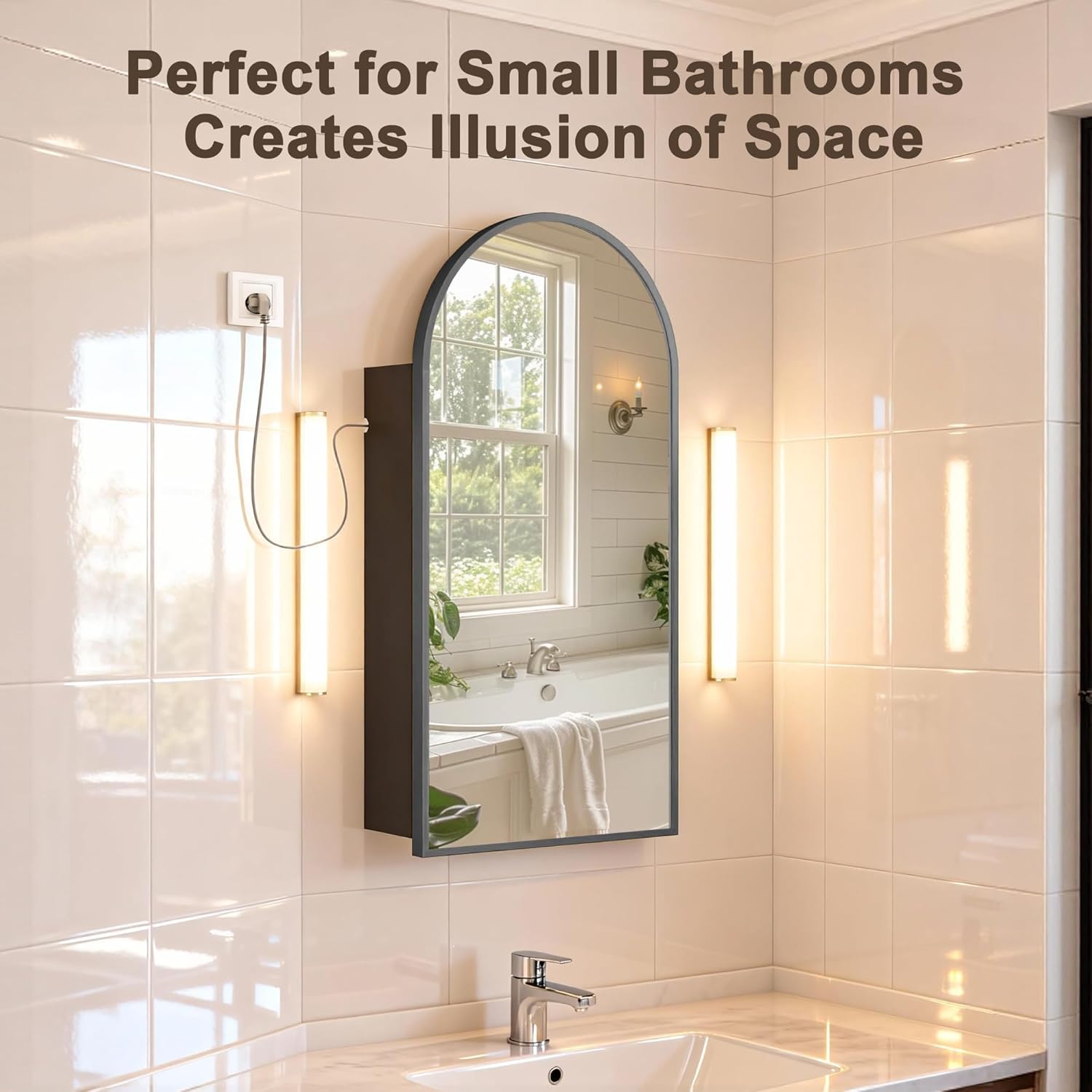 FKWin Medicine Cabinet Mirror in a small bathroom, creating an illusion of space.