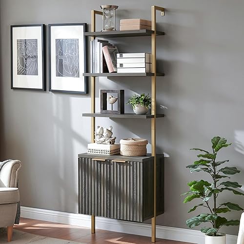 OAKHAM HOME Estantería alta con gabinete, estantería abierta con escalera de 5 niveles, estante para libros montado en la pared con estante de