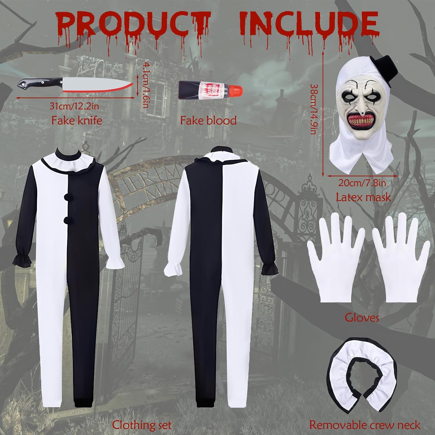 Art Clown Cosplay Costume, Halloween Terrifier Costume Killer Clown Horror Outfit with Jumpsuit Latex Mask Fake Knife
