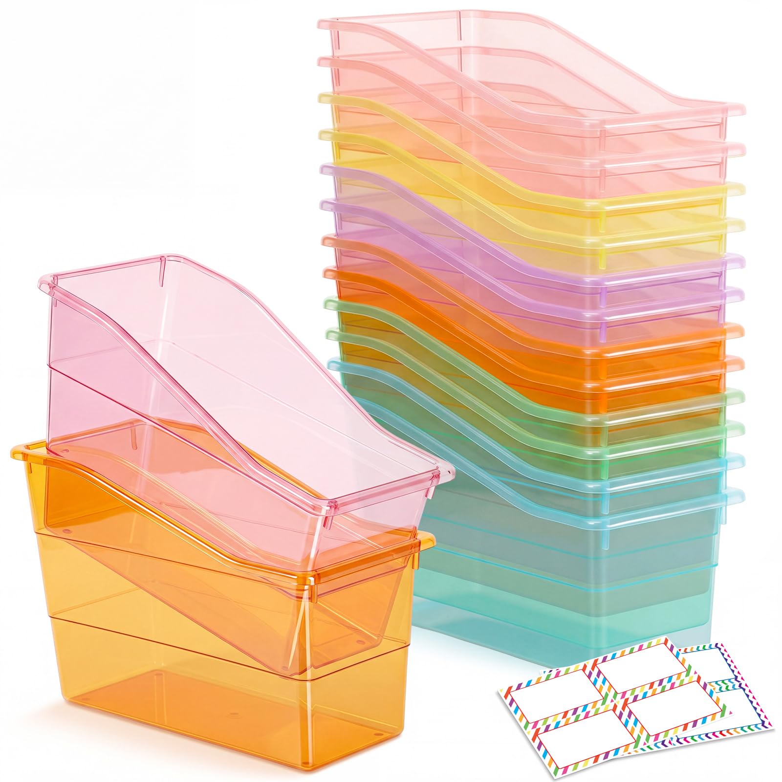 Blosssound Set di 12 contenitori per libri per aule con etichetta adesiva per libri, in plastica, impilabili, per riporre e organizzare in classe, biblioteca, casa, scuola (pastello traslucido)
