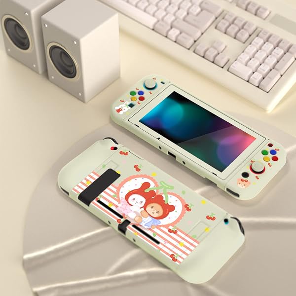 playvital ZealProtect Soft Protective Case for Nintendo Switch, Flexible Cover Protector for Switch with Screen Protector & Thumb Grip Caps & ABXY Direction Button Caps - Cherry Bunny & Cherry Bear - 3
