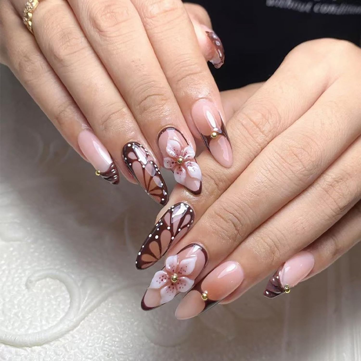 White Pink French Press On Nails Medium Square Fake Nails Flower False Nails With Floral Gold Pearl Design Reusable Glossy Stick On Nails Full Cover Glue On Nails For Women Manicure 24Pcs