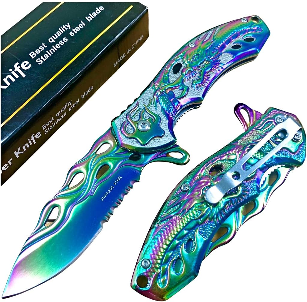 8" Rainbow Dragon Tactical Spring Assisted Open EDC Blade Folding Pocket knife