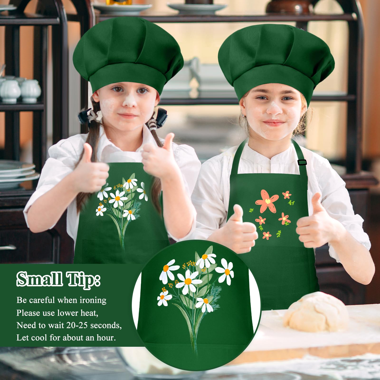BOUBONI Kids Apron and Hat Set - Adjustable Art Apron with 2 Pockets and Toddler Chef Hat for Cooking Baking, Painting (Dark Green) - Image 4