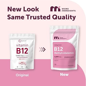Micro Ingredients Vitamin B12 5,000 mcg | Methylcobalamin 240 Chewable Tablets | Fast Dissolve, Natural Strawberry Flavor | Vegan, Non-GMO, Gluten Free - 1`