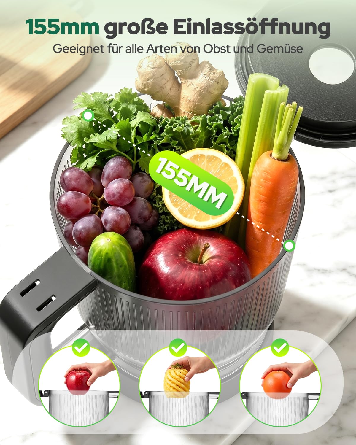 2026 Verbesserter Slow Juicer, Entsafter mit 155 MM Breitem Einfüllschacht und 2,5 L Einfülltrichter, 3-in-1 Smart Touch Juicer Machine für ganze Früchte/Gemüse, Sorbet und Nussmilch (Gray-B)