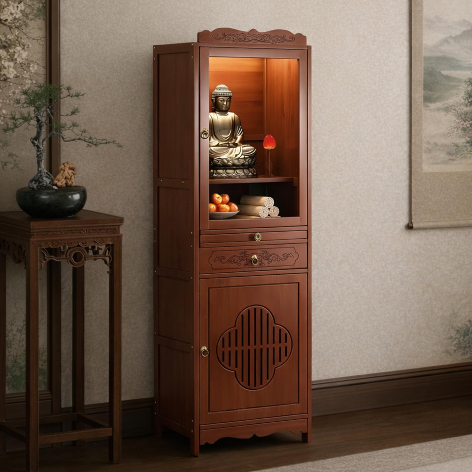 Mesa de altar de meditación de bambú macizo de 15 pulgadas con almacenamiento