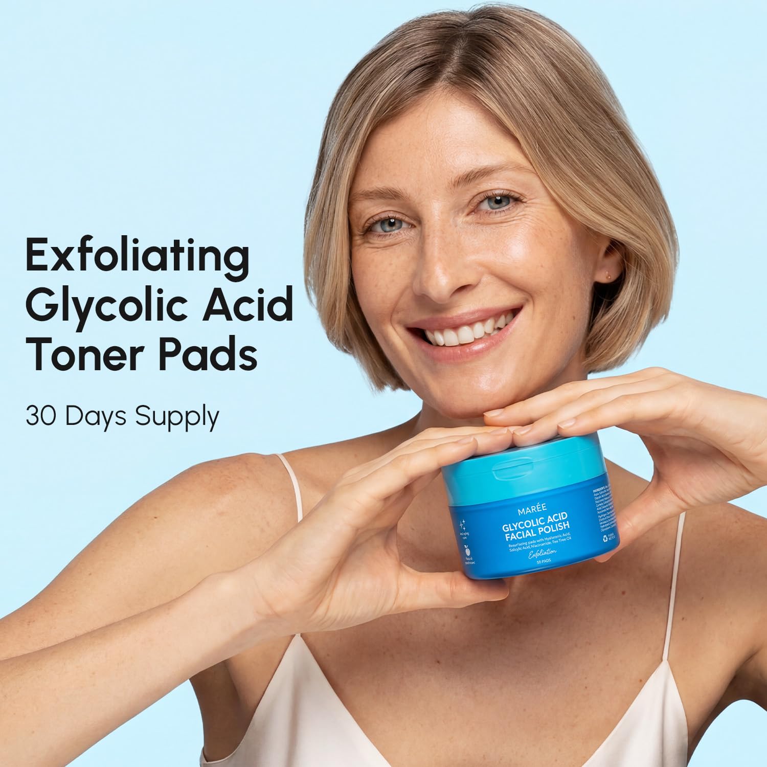 Pulidor facial – Almohadillas de ácido glicólico para la cara con aceite de árbol de té – Exfoliante y limpiador con ácido salicílico y vitaminas E, B3, B5 – Almohadillas faciales con efecto de