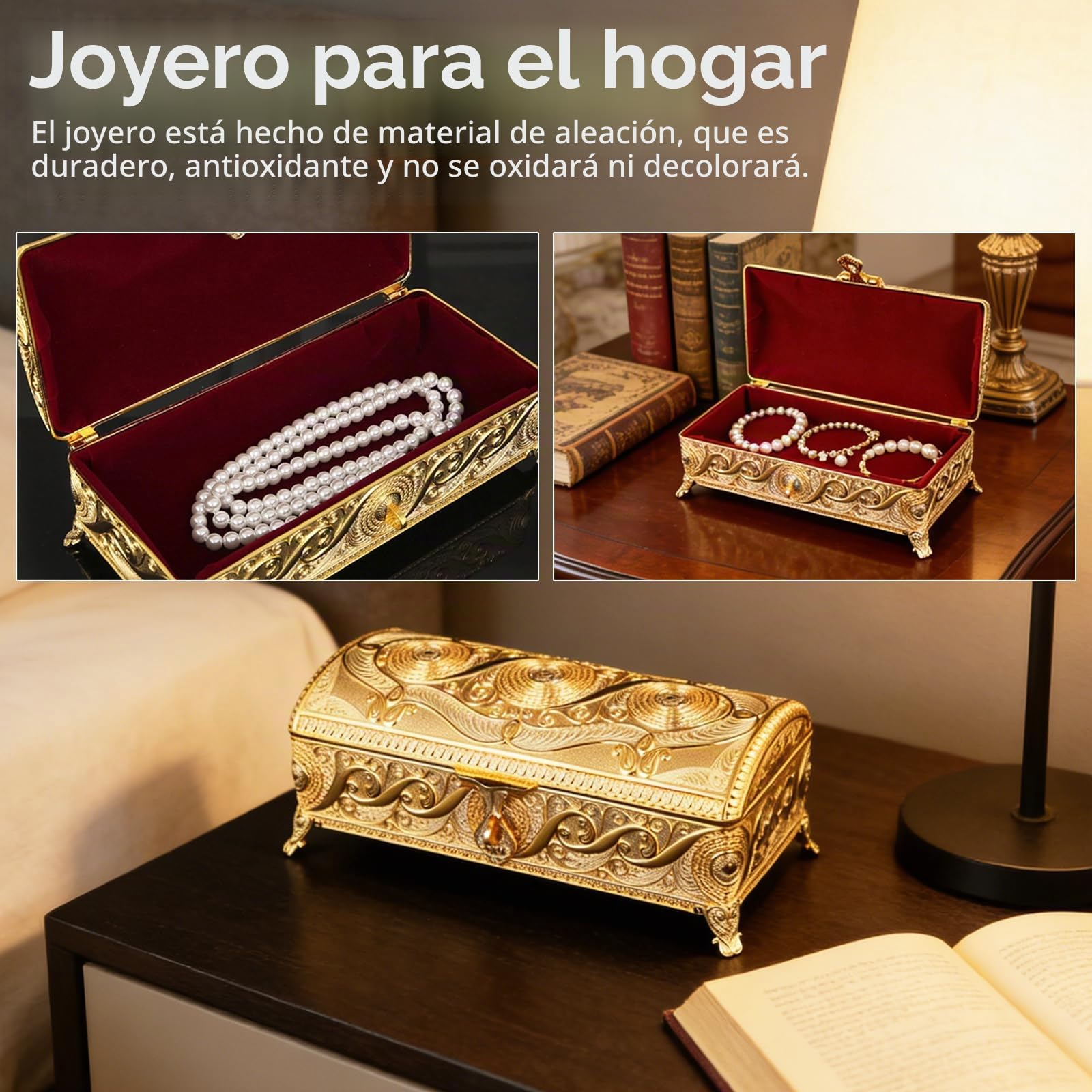 Joyero, Grande De Metal Joyeros Para Mujer Joyero Rectangular Vintage Para Pendientes Relojes Anillos Y Collares Resistente A La OxidacióN Y A Los ArañAzos 23x11x8cm (Oro)