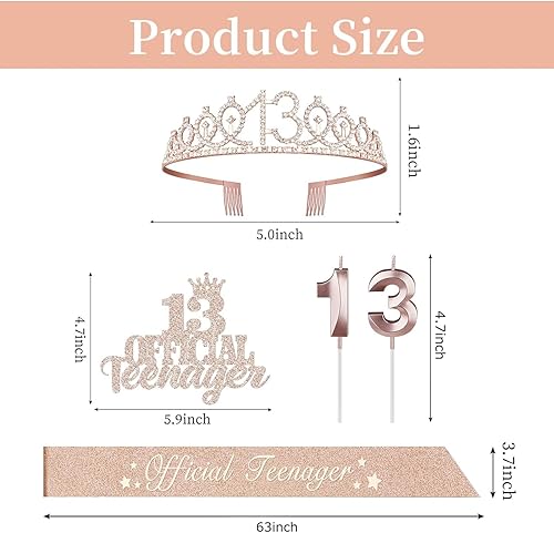 Vista 5 de 13th Birthday Decorations for Girls, Including 13th Birthday Crown/Tiara, Official Teenager Sash and Cake Topper, Number Candles, 13 Year Old Girl