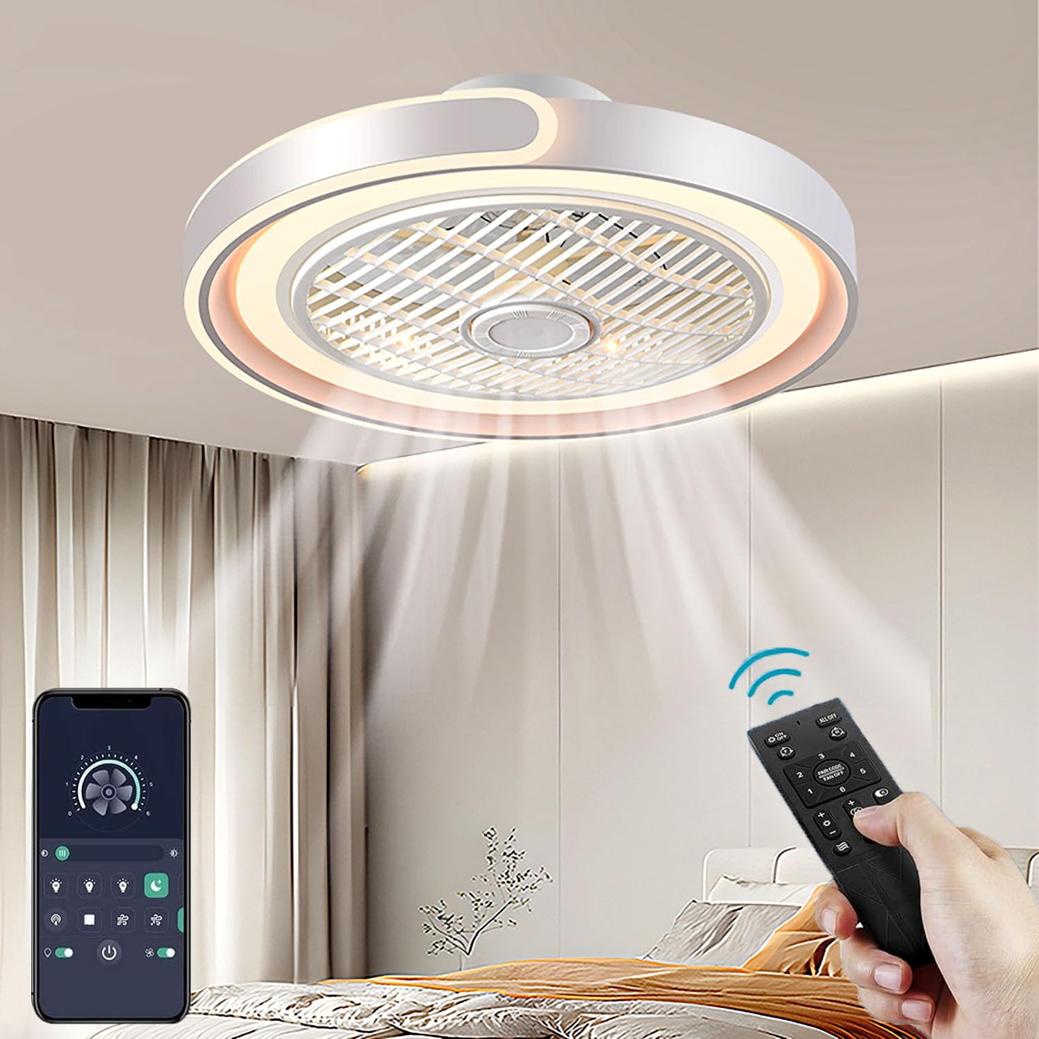 ASJK Deckenleuchte mit Ventilator, 72 W, 7200 lm, Dimmbar, App und Fernbedienung, 6-Gang, Timer, Weiß