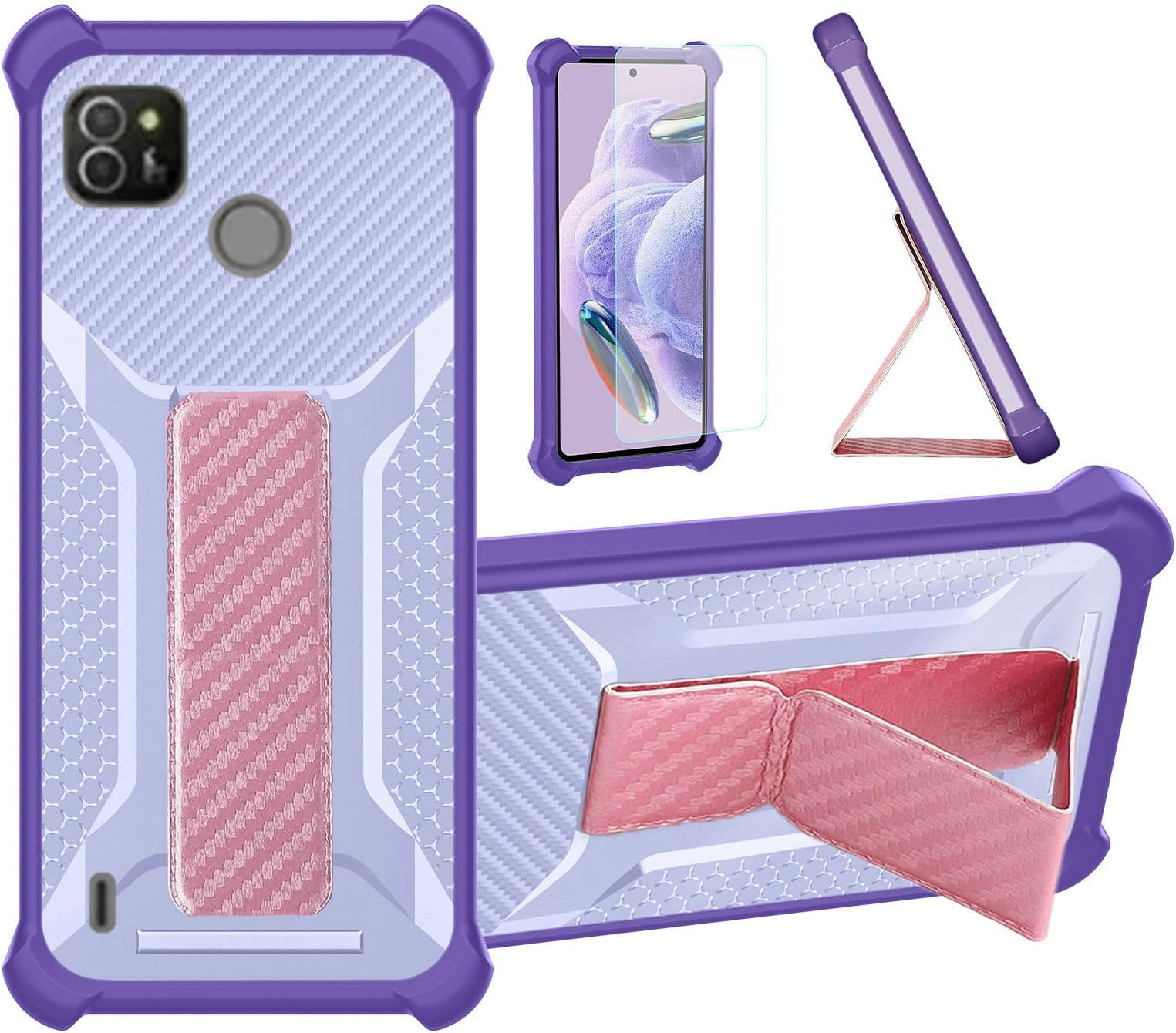 Case Compatible for Tecno Pop 4 Air Phone Case Cover [with Tempered Glass Screen Protector] Hybrid Case [Folding Support Magnetic] [Frosted Anti-Fingerprint] Purple