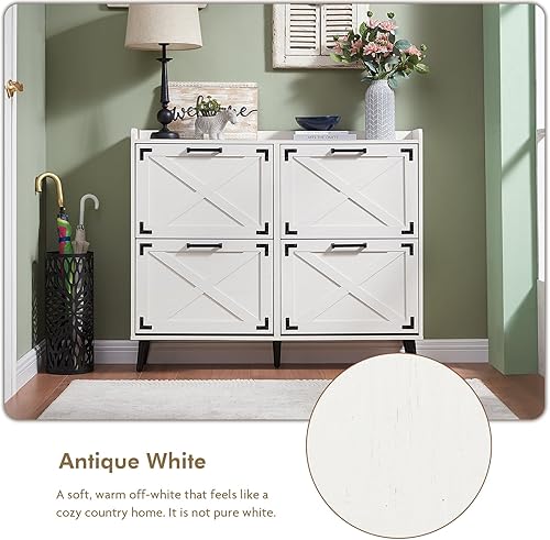 Miniatura 3 de Armario de almacenamiento de zapatos, organizador de zapatos de granja con 4 cajones abatibles y diseño de puerta de granero, armario independiente