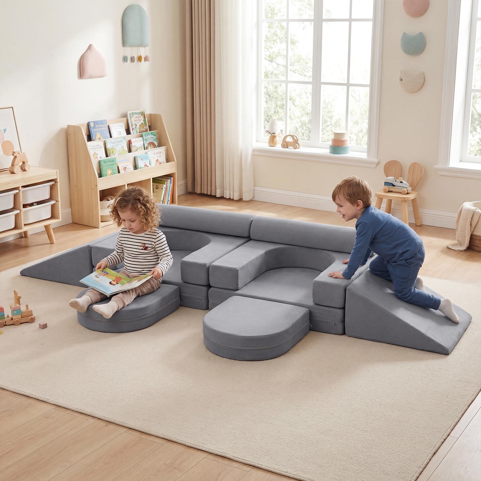 COSTWAY 10-częściowa modułowa sofa do zabawy, rozkładana sofa dziecięca ze zdejmowaną i nadającą się do prania poszewką z zamszu, piankowe klocki do pokoju dziecięcego, kanapa dla dzieci od 3 lat