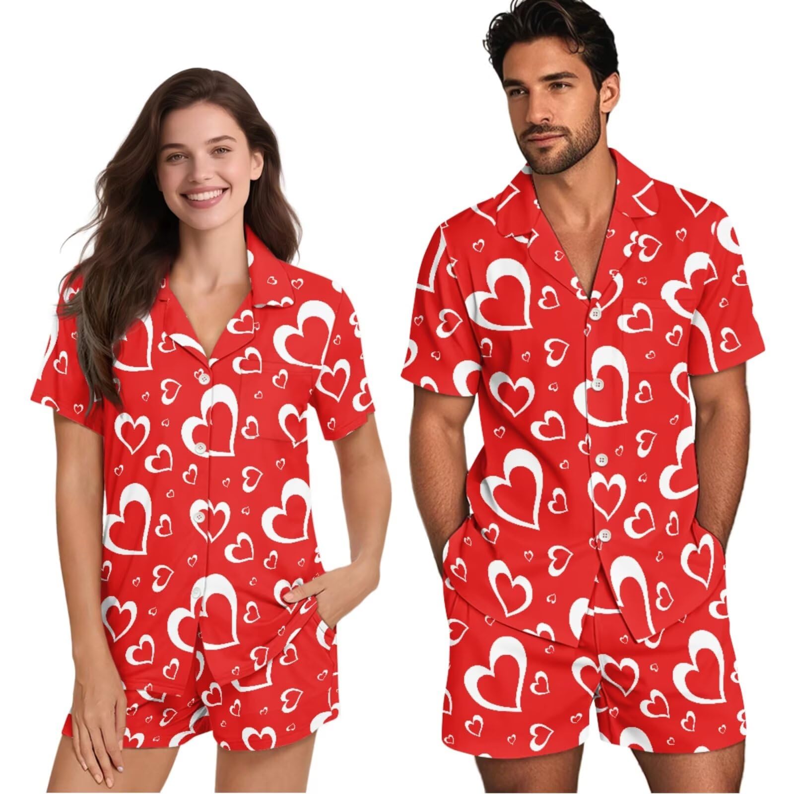 Conjunto de pijama a juego para parejas, de manga corta, con botones, ropa de dormir, Corazones rojos, 4XL