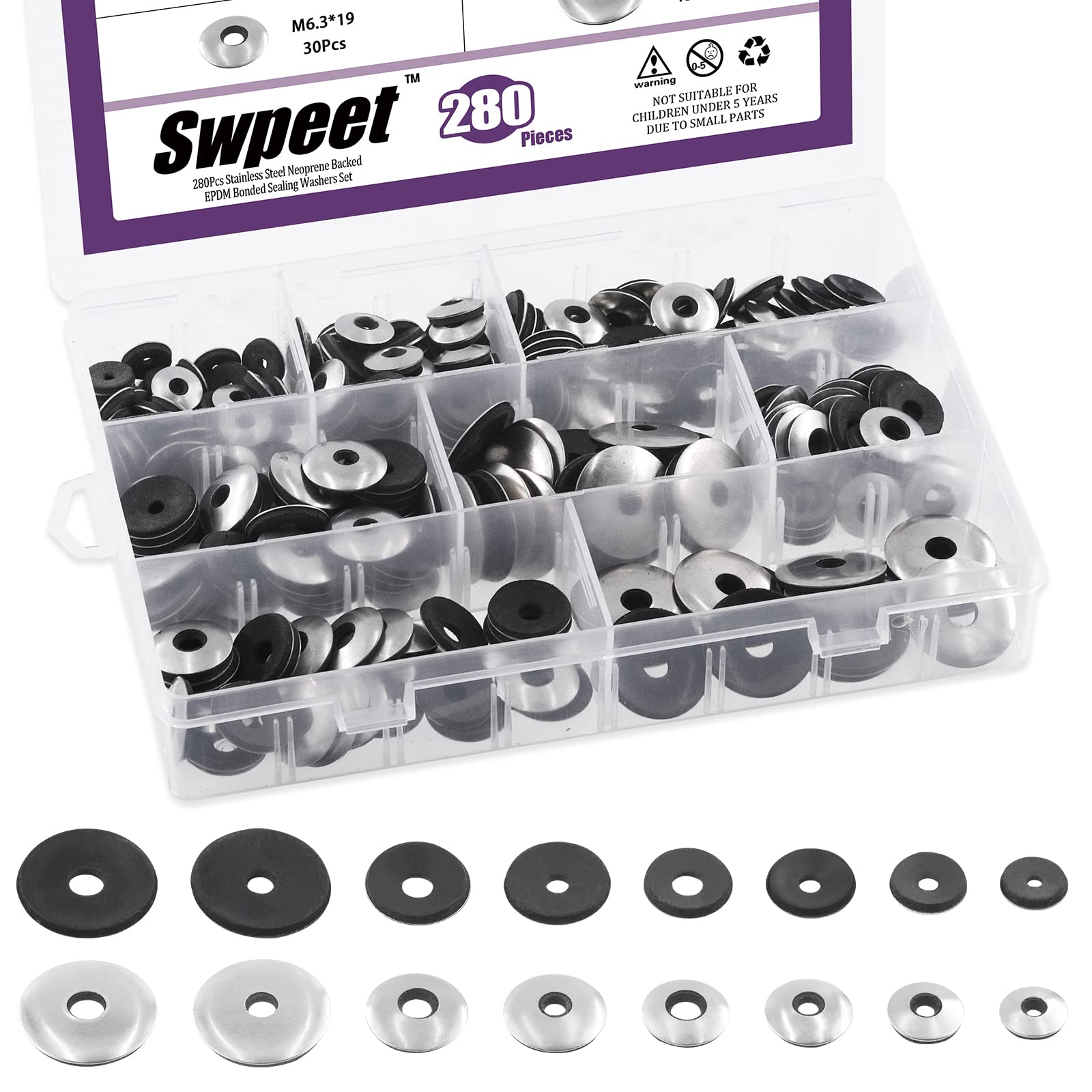 Swpeet 280Pcs 8 Sizes #8#10#12#14 Stainless Steel Neoprene EPDM Bonded Sealing Washers Gasket Assortment Kit, Rubber Bonded Sealing Washers for 8# 10# 12# 14# Screws