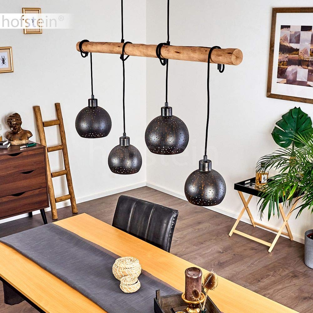 HOFSTEIN Pendelleuchte Imana 4-flammige Deckenlampe aus Metall in Schwarz/Kupferfarben, Vintage Look, Pendellampe mit Holz in Natur für Esszimmer, Küche, 4 x E27, höhenverstellbar bis max. 120 cm