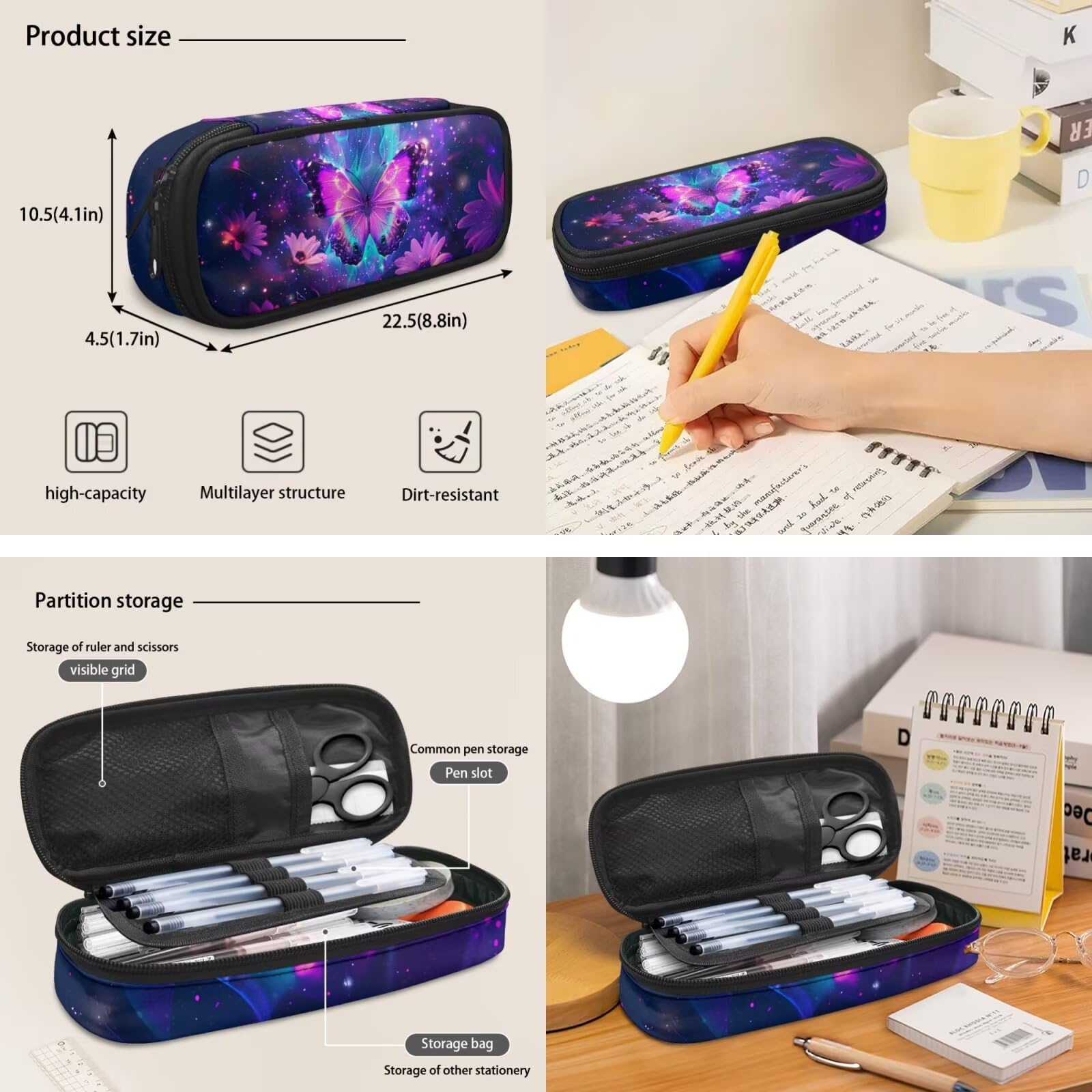 COEQINE Mochila escolar para niños, juego de mochila escolar con fiambrera, estuche para lápices, llavero, bolsa de libros para niñas de 4 a 12 años, Mariposa púrpura galaxia nebulosa, M, Diseñador