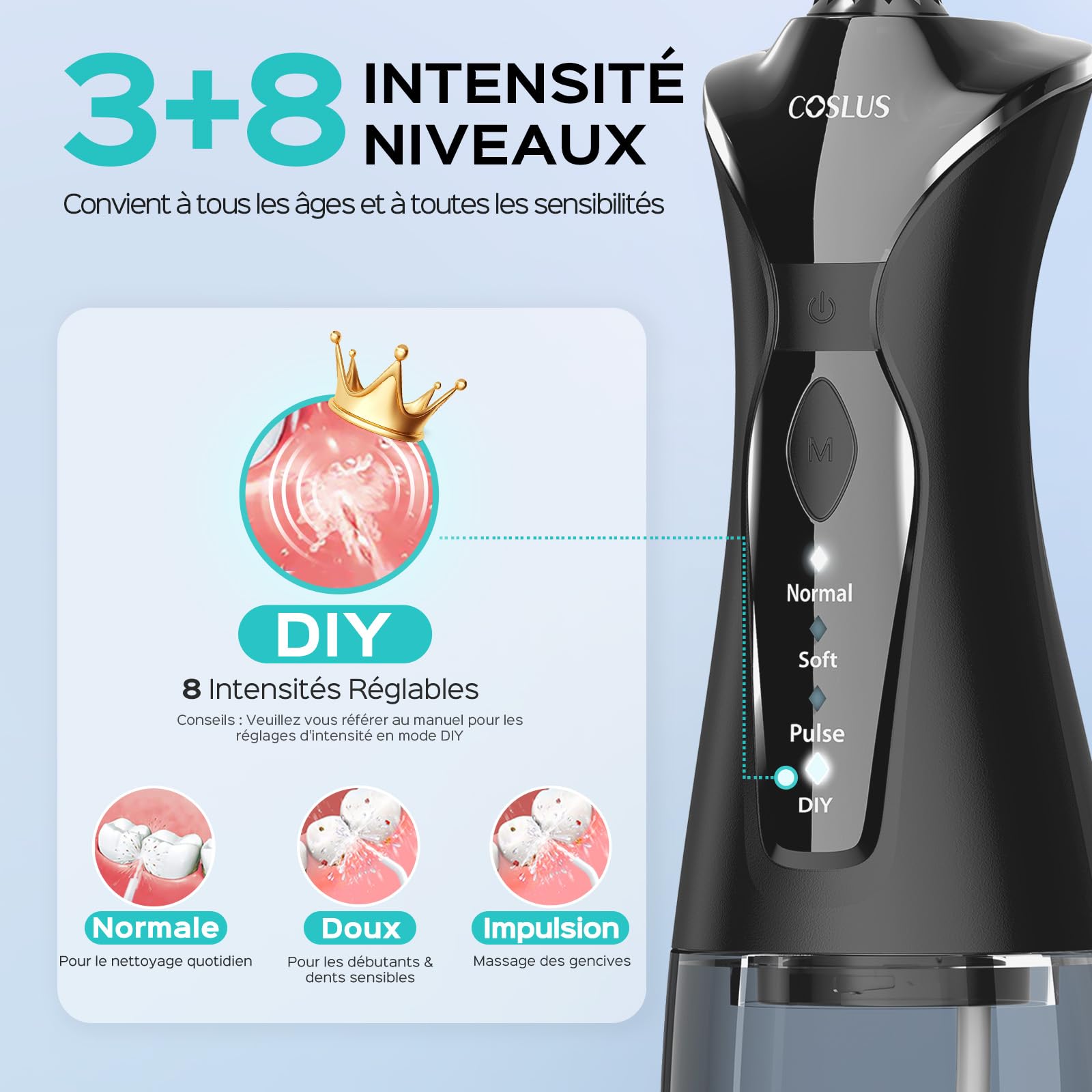 COSLUS Hydropulseur jet Dentaire Portable: 4 Modes Hydropulseur et Irrigateurs Oral, Réservoir d'eau 300 ml Vainqueur du Test, Rechargeable et Étanche IPX7, Noir Brillant, C30