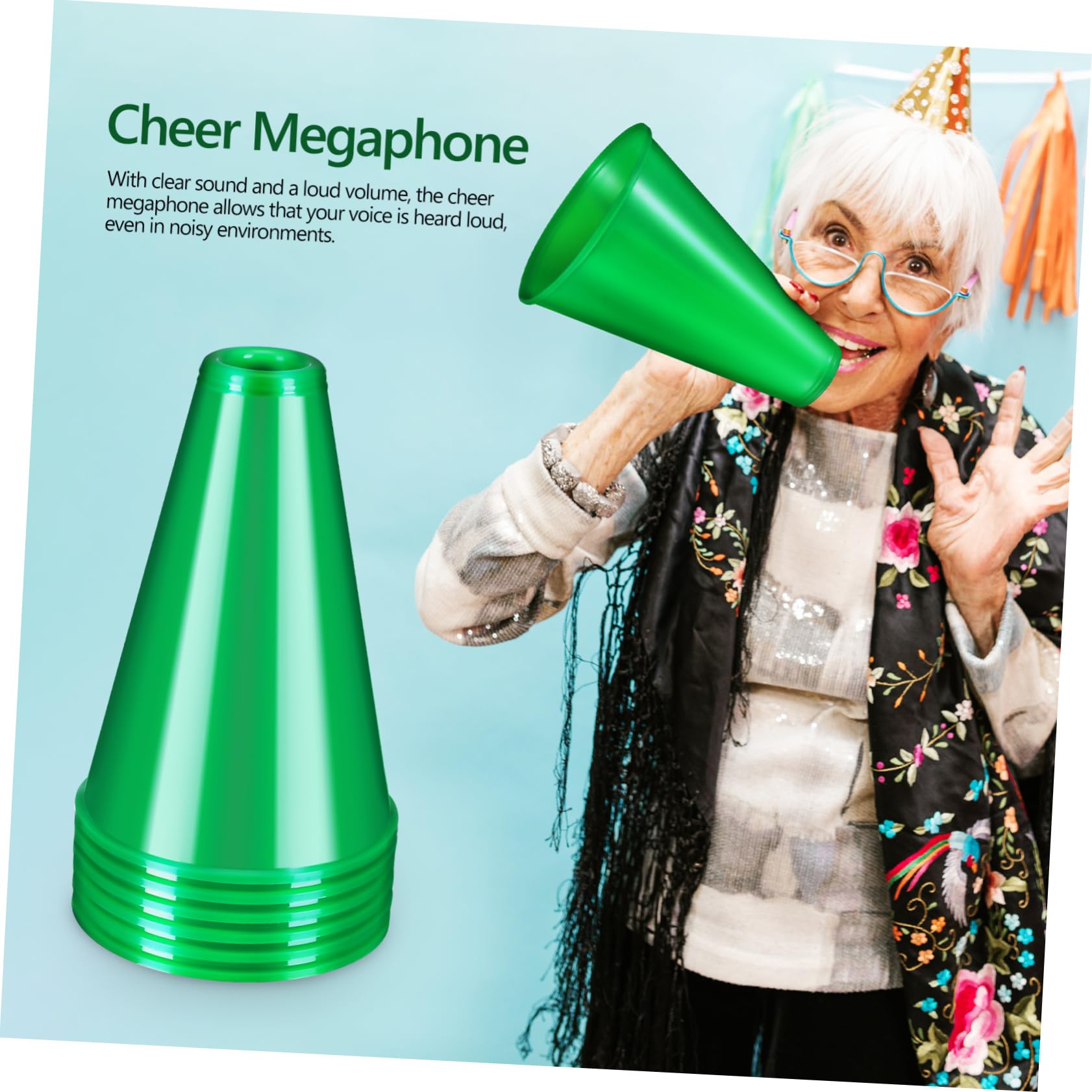 MUCKLILY 6Pcs Cheer Megaphones Deep Plastic for Party Sports Events and Game Cheerleading Activities Bulk Cheer Accessories