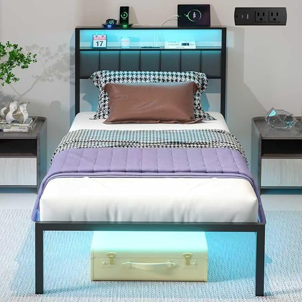 Twin Bed Frame with LED Lights & Charging Station, Metal Platform Bed with Headboard, Heavy Duty Metal Slats, No Box Spring Needed, Noise Free, Easy Assembly, Black