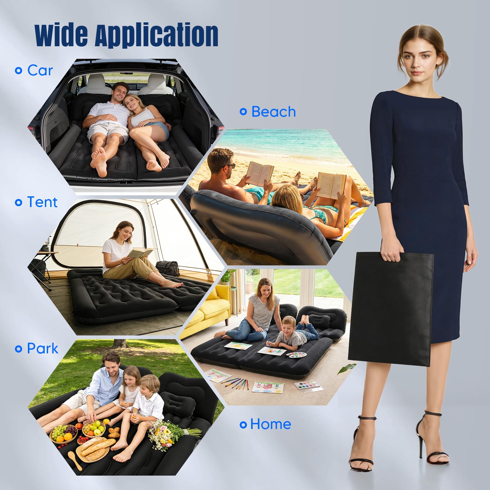 Matelas Gonflable Voiture, Matelas de Camping SUV pour Coffre et Banquette Arrière, Pompe 12V Incluse + 2 Oreillers ,2 Remplisseurs, Surface Flockée Douce Étanche, Convient Voiture RV MPV Fourgonnette