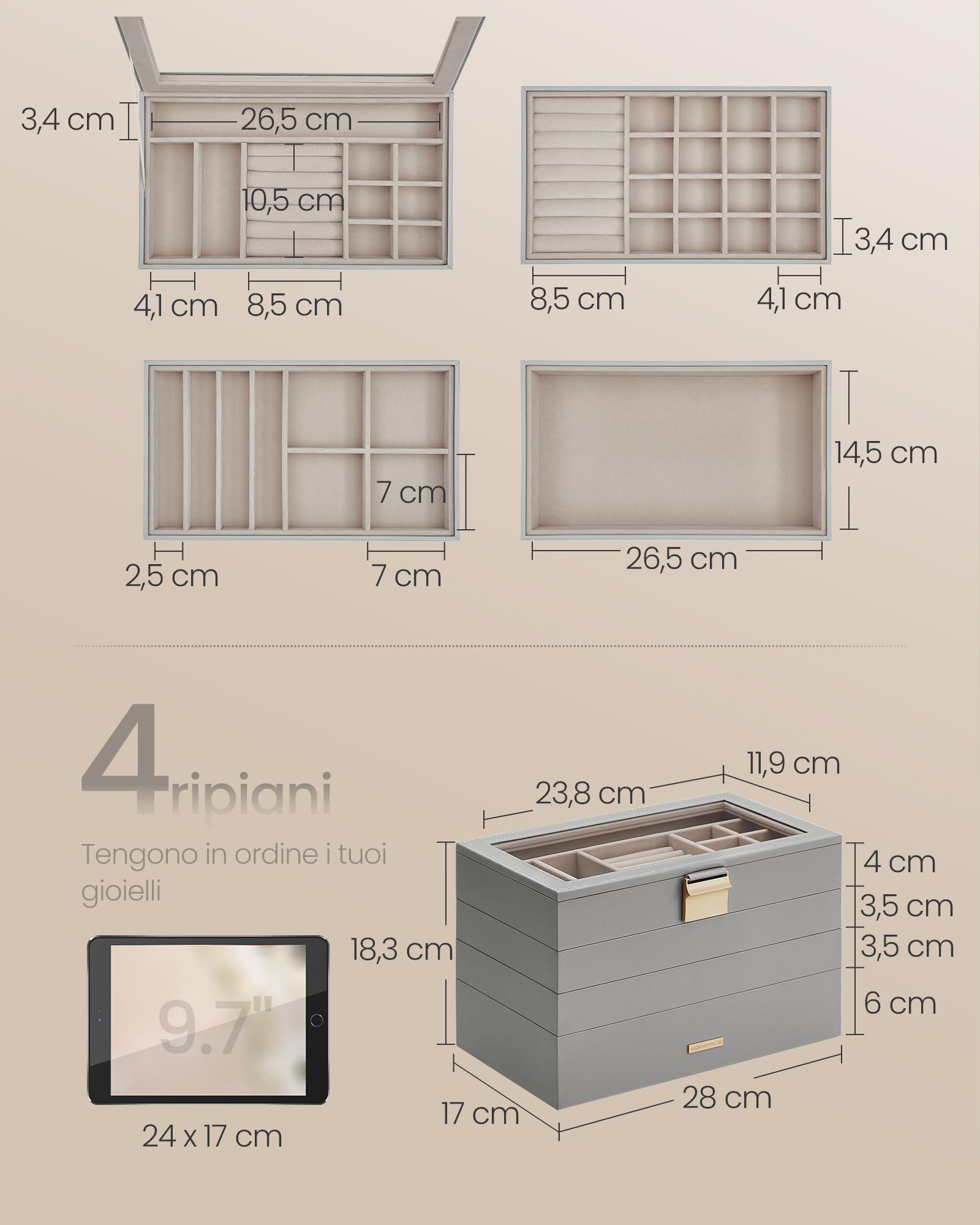 SONGMICS Scatola Portagioie con 4 Vassoi Impilabili, Porta Gioielli Capiente, Coperchio in Vetro Chiaro, 17 x 28 x 18,3 cm, per Cassetto Toeletta, Idea Regalo, Grigio Tortora JBC164G01